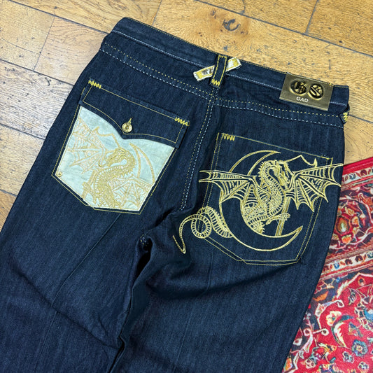 Vintage Gao Black Dragon Embroidered Y2K Hip Hop Baggy Jeans - 38