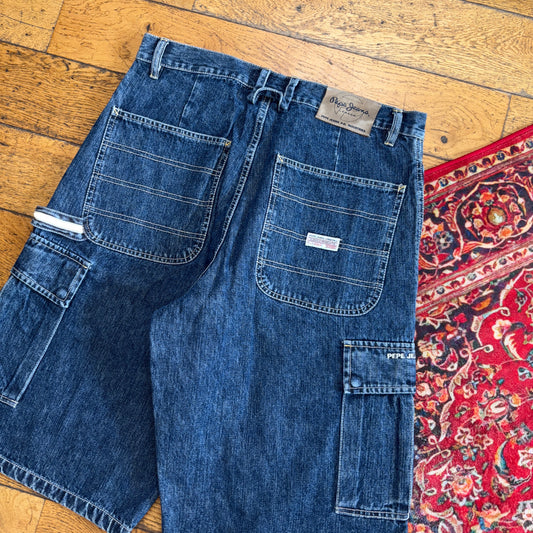 Vintage Pepe Jeans Cargo Embroidered Blue Hip Hop Baggy Shorts Jorts - 34