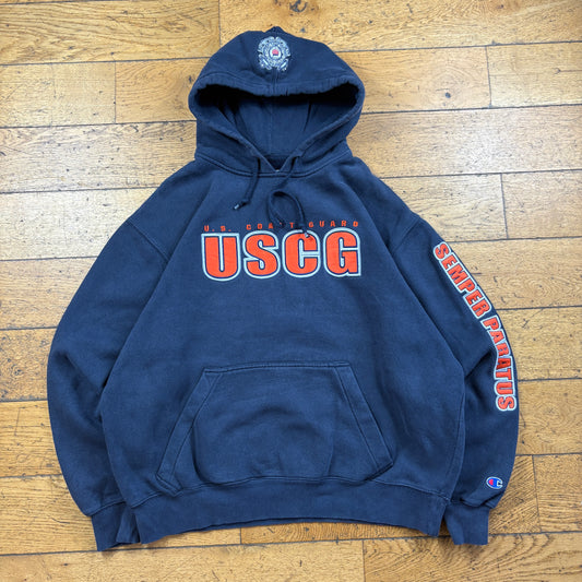 Vintage Champion US Coast Guard Navy Embroidered Hoodie Sweatshirt - L