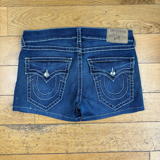 Vintage True Religion Blue Womens Mini Embroidered Y2K Shorts Jorts - Size 16