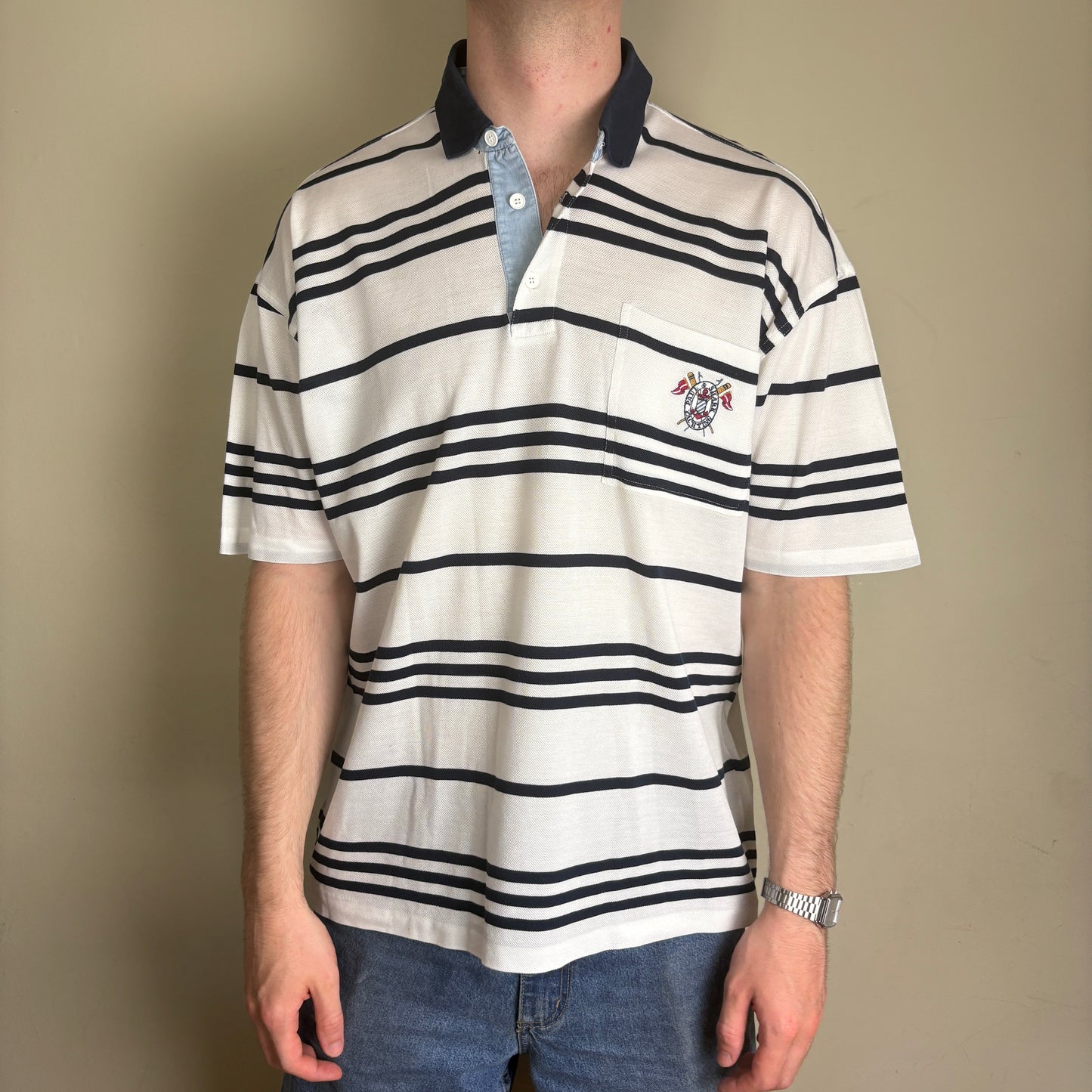 Vintage Paul and Shark White Navy Embroidered Stripe Sailing Polo Shirt - 2XL