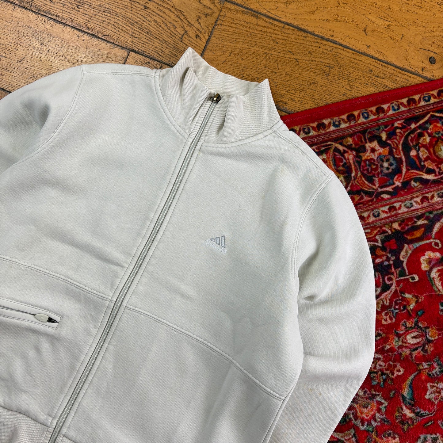 Vintage 90s Adidas Womens Cream Zip Embroidered Sweatshirt - Size 10