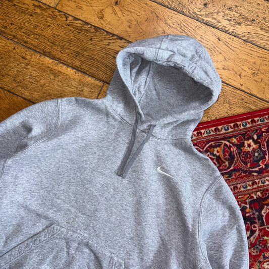 Vintage 00s Nike Swoosh Embroidered Grey Cropped Hoodie Sweatshirt - XL