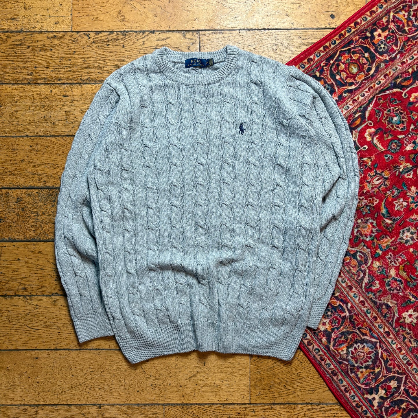 Vintage Grey Cable Chunky Knit Jumper - L