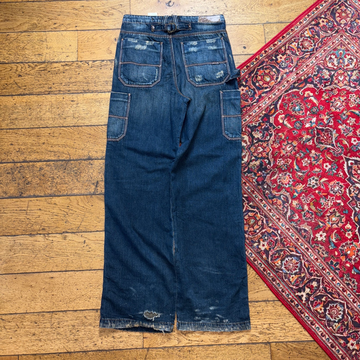 Vintage Dark Blue Cargo Embroidered Y2K Hip Hop Baggy Jeans - 30R