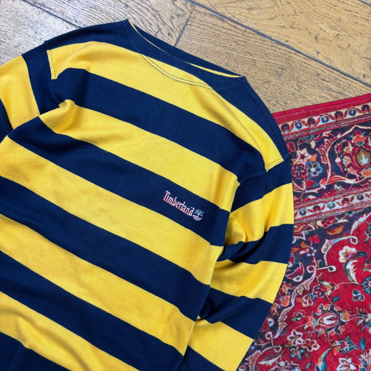 Vintage Timberland Embroidered Yellow Navy Striped Knit Jumper - XS
