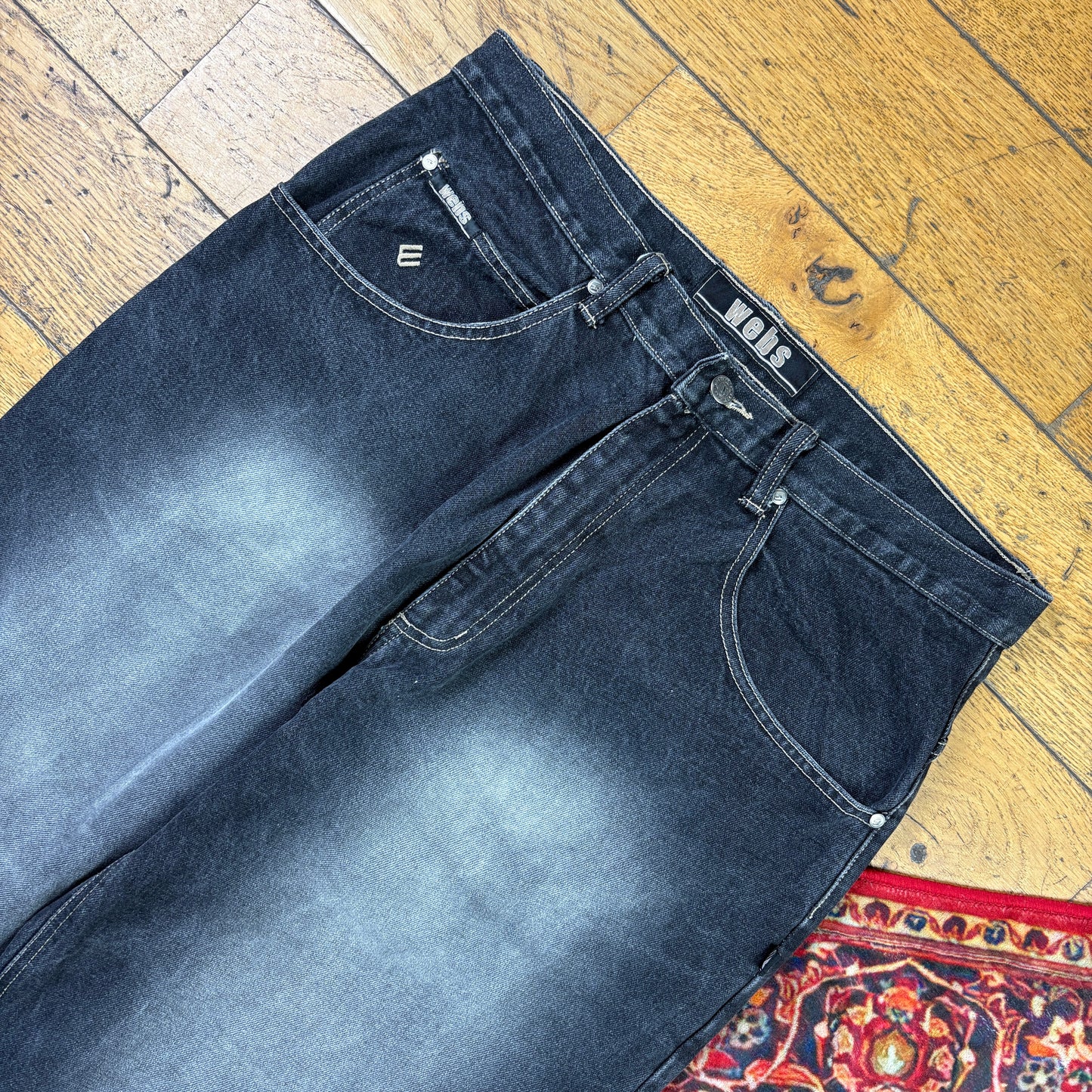 Vintage Webs Black Embroidered Y2K Hip Hop Baggy Jeans - 36