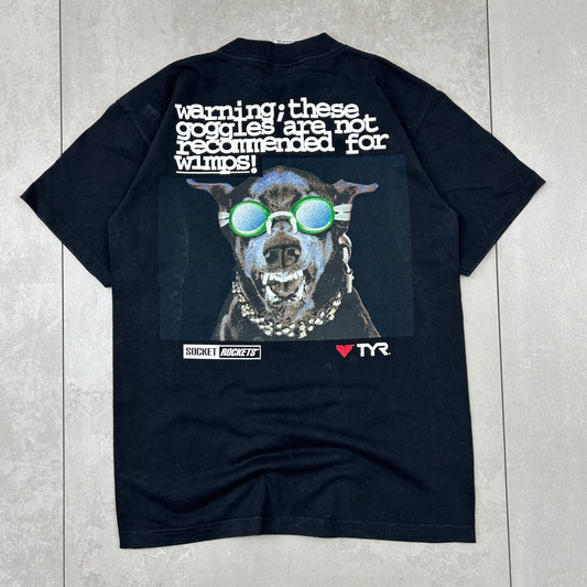 Vintage 90s TYR Single Stitch Graphic Funny Dog Black T-Shirt - S