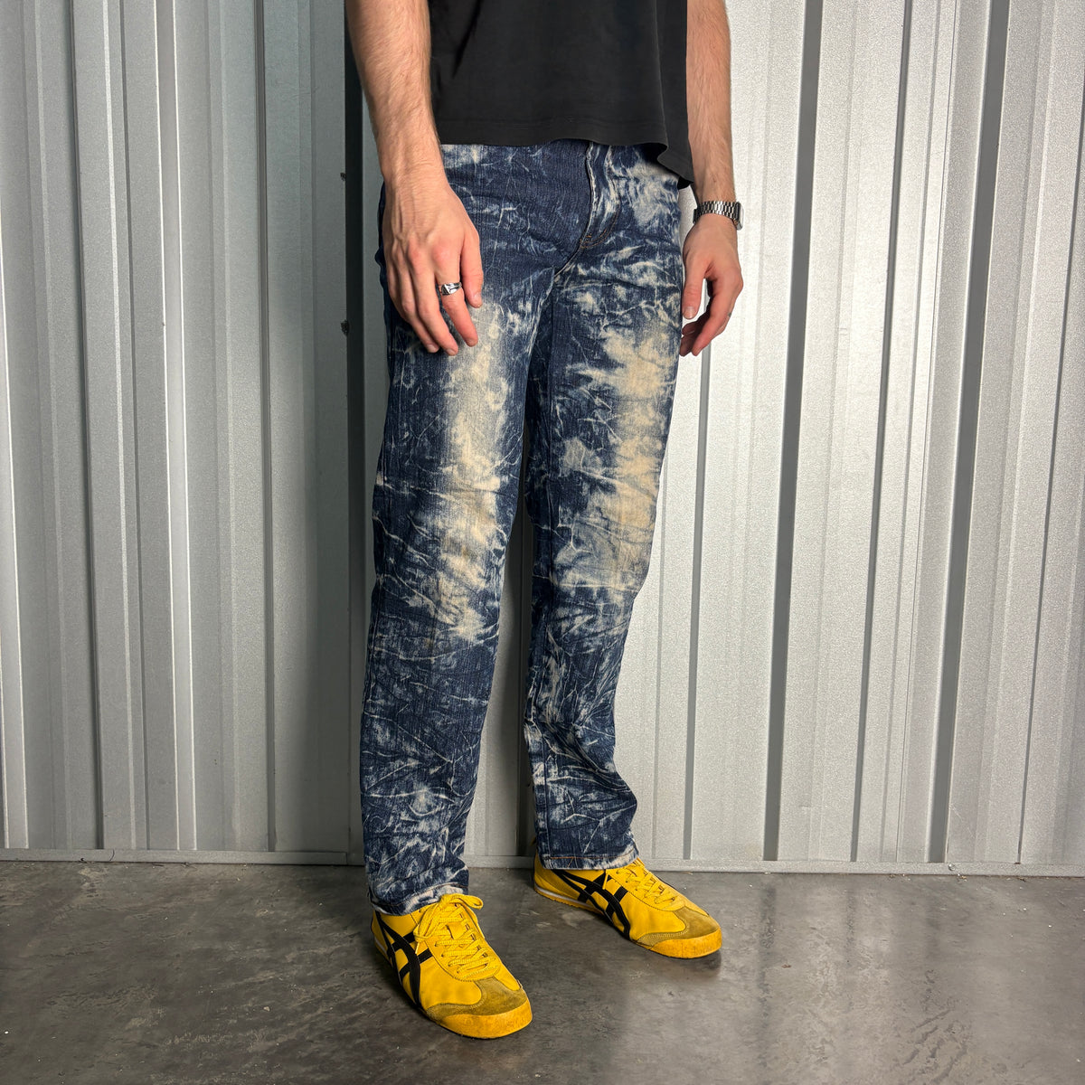 Embroidered Blue Acid Wash Grunge Japanese Denim Hip Hop Y2K Baggy Jeans - 32R