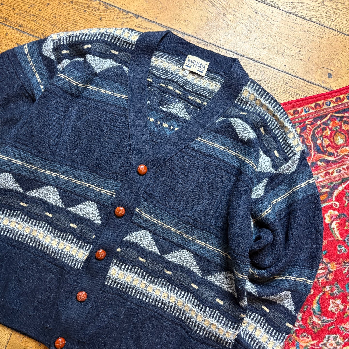 Vintage Navy Pattern Wool Chunky Knit Cardigan Jumper - XL