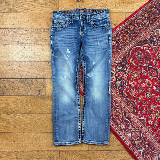 Vintage Rock Revival Blue Embroidered Y2K Hip Hop Straight Jeans - 34