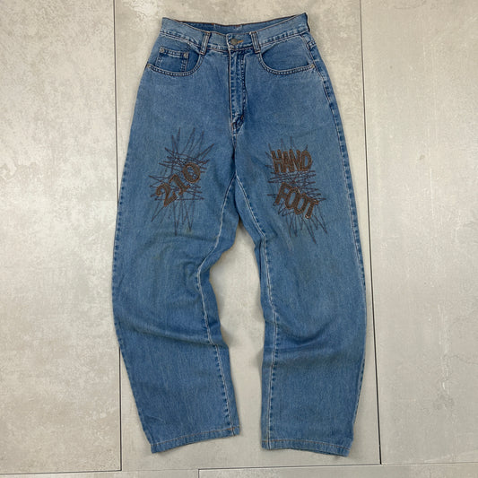 Vintage Hand Foot Embroidered Baggy Straight Blue Japanese Denim Jeans - 28