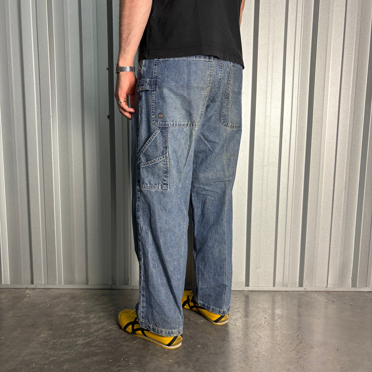 Route 66 Blue Carpenter Embroidered Japanese Denim Hip Hop Y2K Baggy Jeans - 34S
