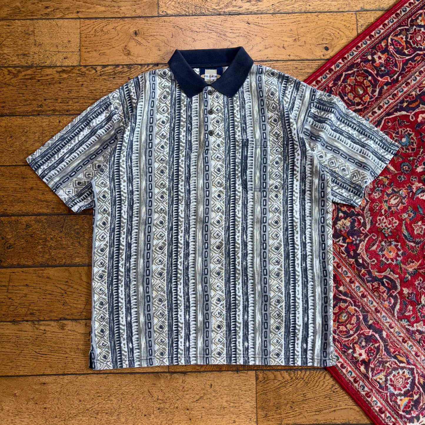 Vintage Grey Green 90s Pattern Golf Polo Shirt - L