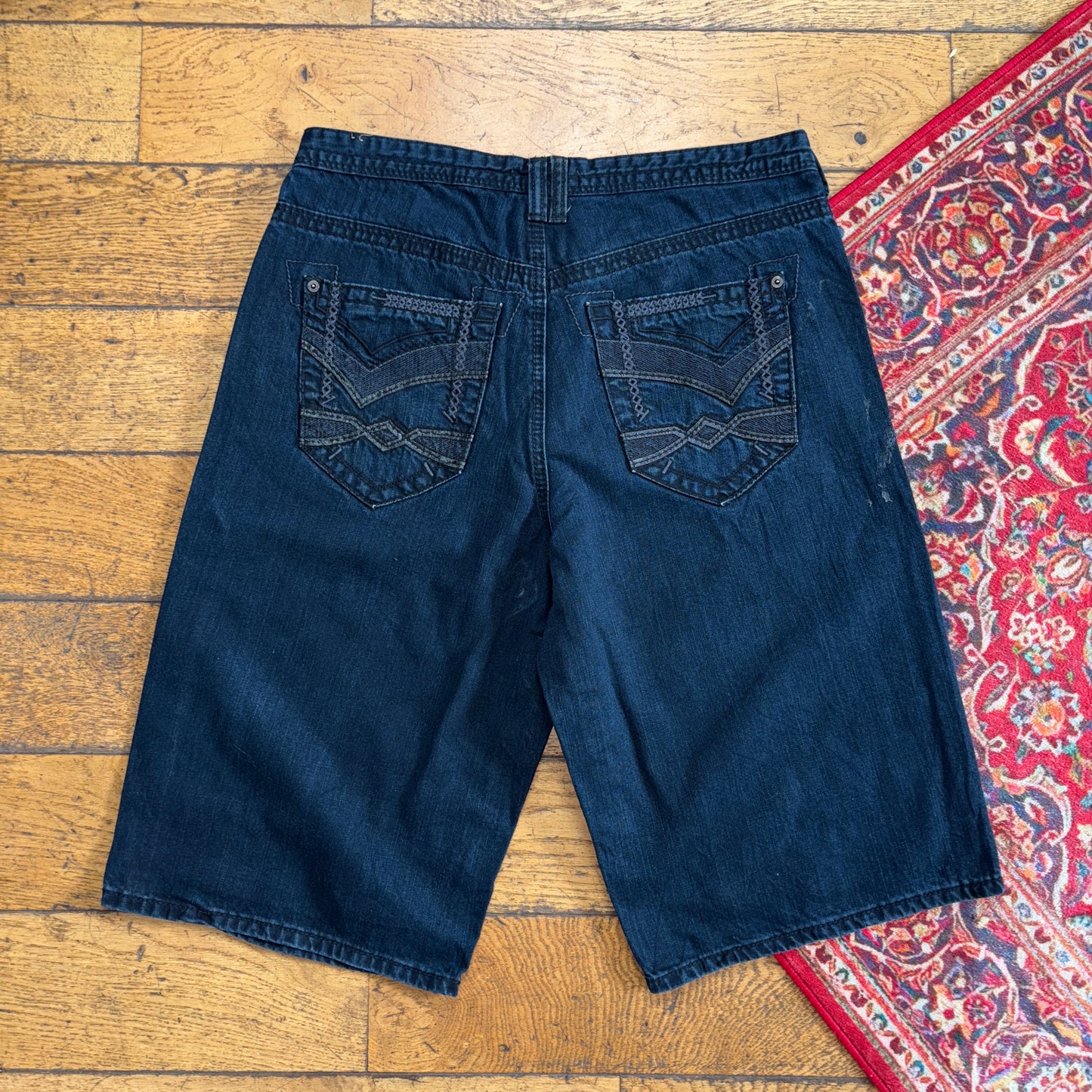 Vintage Route 66 Navy Blue Embroidered Y2K Hip Hop Baggy Jeans Shorts Jorts - 34