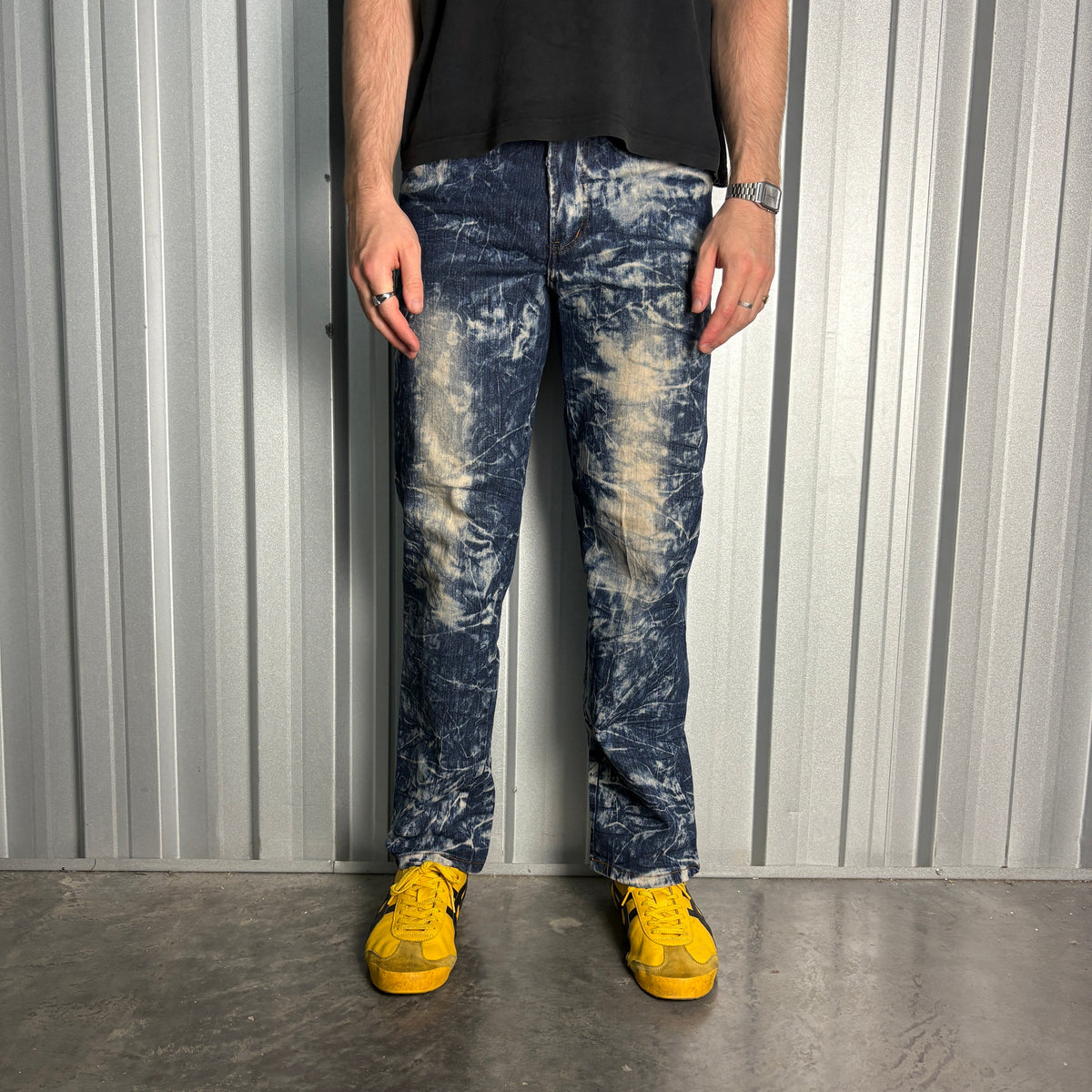 Embroidered Blue Acid Wash Grunge Japanese Denim Hip Hop Y2K Baggy Jeans - 32R