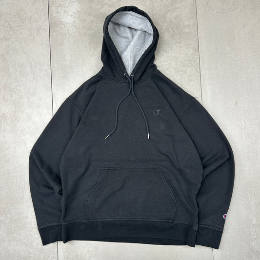 Vintage Champion Embroidered Boxy Black Hoodie Sweatshirt - L