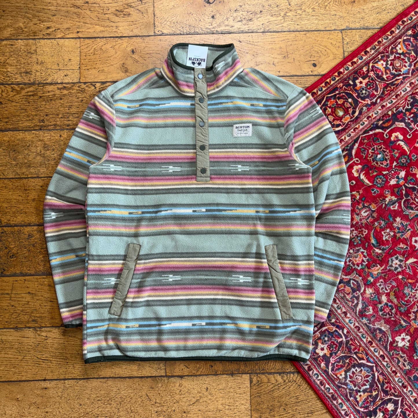 Vintage 90s Burton Green Stripe Fleece Synchilla Embroidered Sweatshirt - M