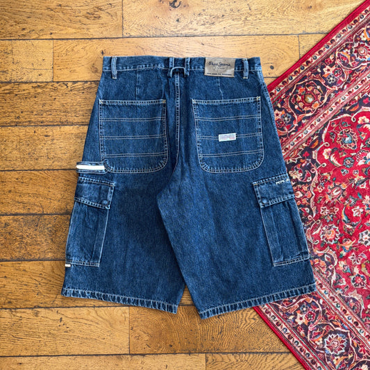 Vintage Pepe Jeans Cargo Embroidered Blue Hip Hop Baggy Shorts Jorts - 34