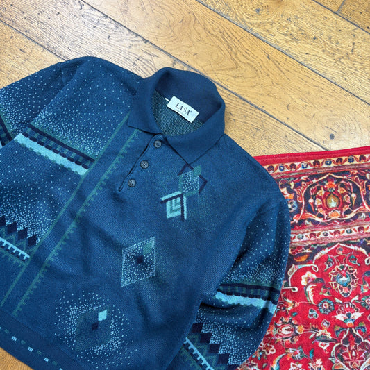 Vintage Green Italian Rugby Polo Pattern Italian Knit Jumper - M