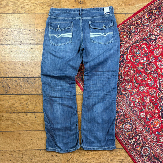 Vintage Helix Blue Embroidered Y2K Hip Hop Bootcut Jeans - 38
