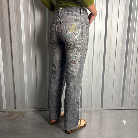 Embroidered Grey Grunge Japanese Denim Hip Hop Y2K Baggy Jeans - 30S
