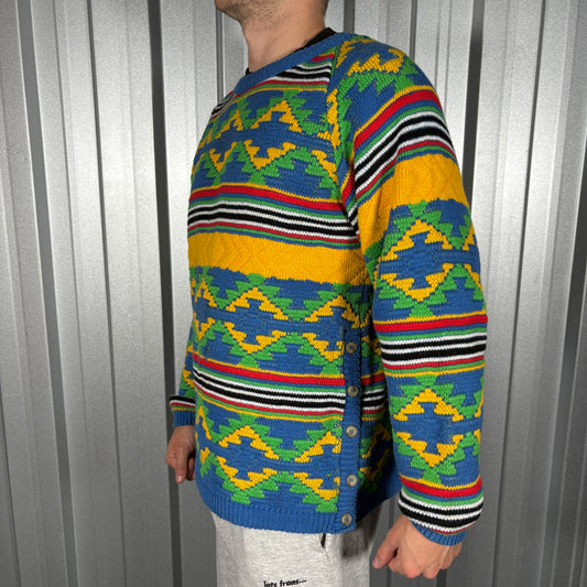 Coogi Style Blue Multi Coloured Knit Pattern Jumper - L