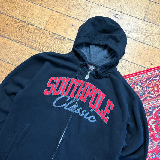 Vintage Southpole Black Hip Hop Zip Hoodie Embroidered Sweatshirt - XL