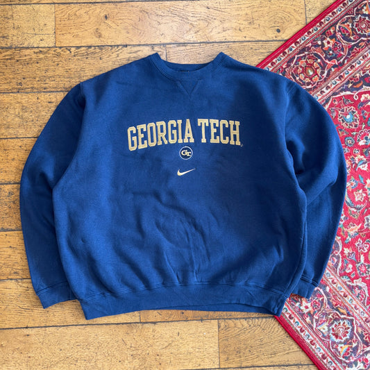 Vintage 90s Nike Navy Swoosh Georgia Tech Boxy Embroidered Sweatshirt - XL