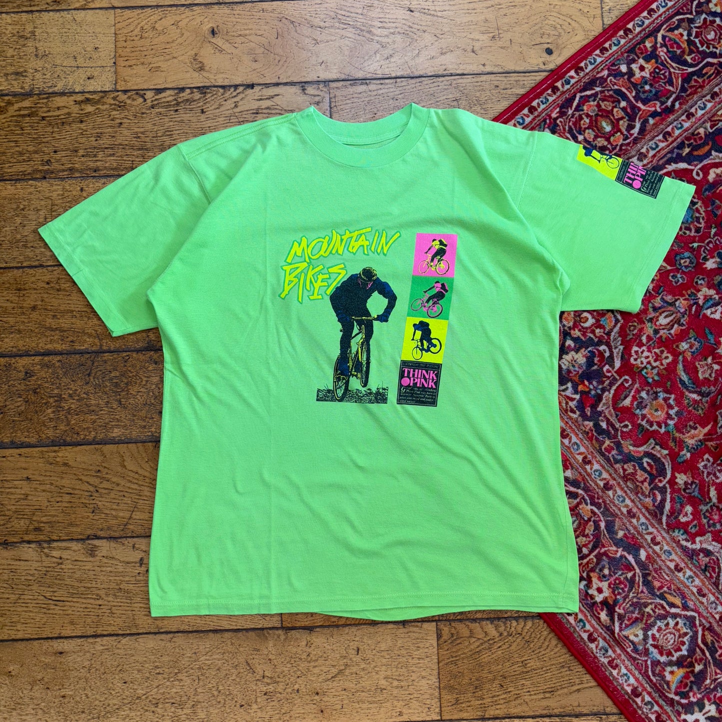 Vintage Think Pink Mountain Biking Green Graphic T-Shirt - M