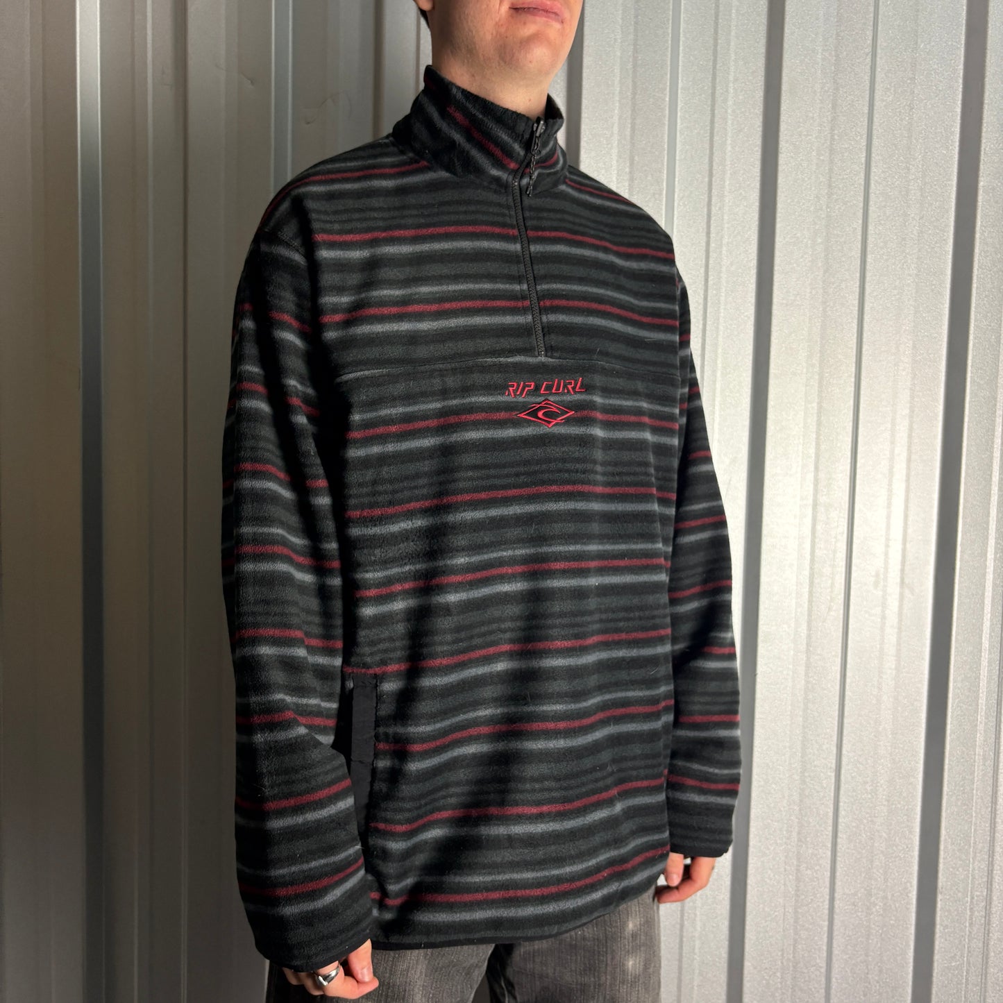 Vintage Rip Curl 00s Y2K Grey Stripe Surfwear Embroidered Fleece Sweatshirt - XL