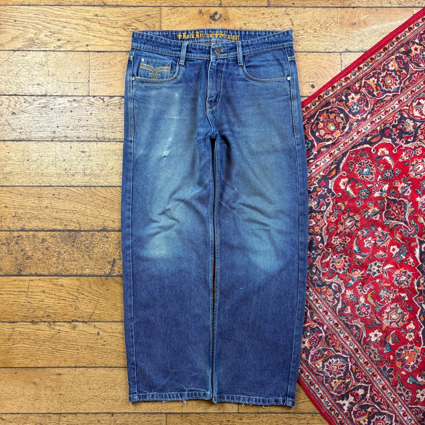 Vintage Rock Revival Blue Embroidered Y2K Hip Hop Baggy Jeans - 36
