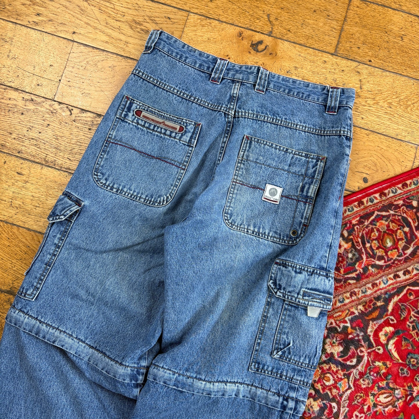 Vintage Crossfire Cargo Carpenter Blue Embroidered Y2K Hip Hop Baggy Jeans - 32