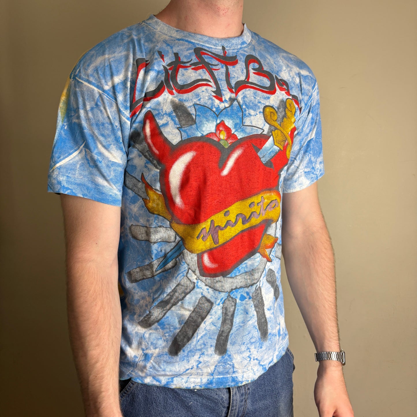 Vintage 1995 Litfiba Blue Tie Dye Band Tee Single Stitch Graphic T-Shirt -