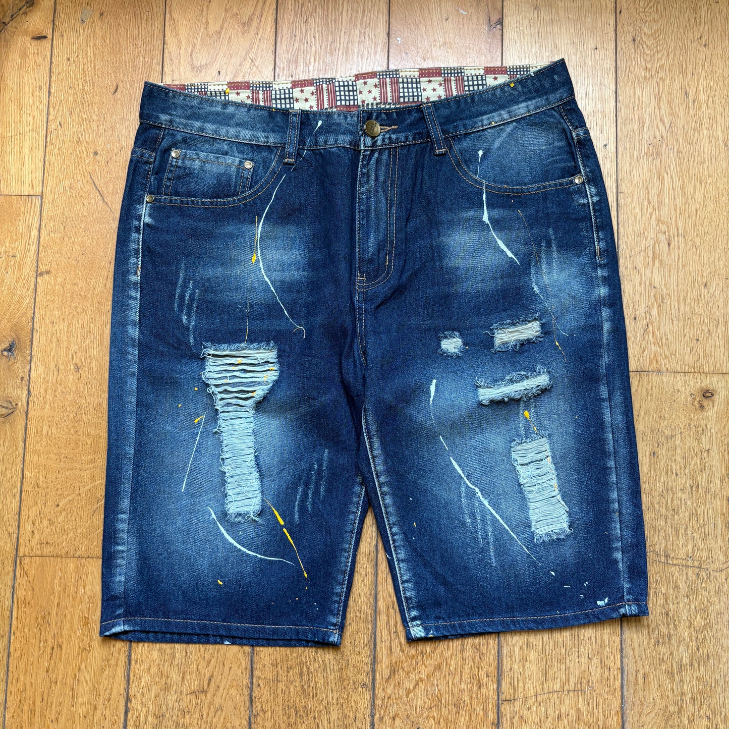 Vintage Embroidered Hip Hop Blue Paint Splatter Shorts Jorts - 36