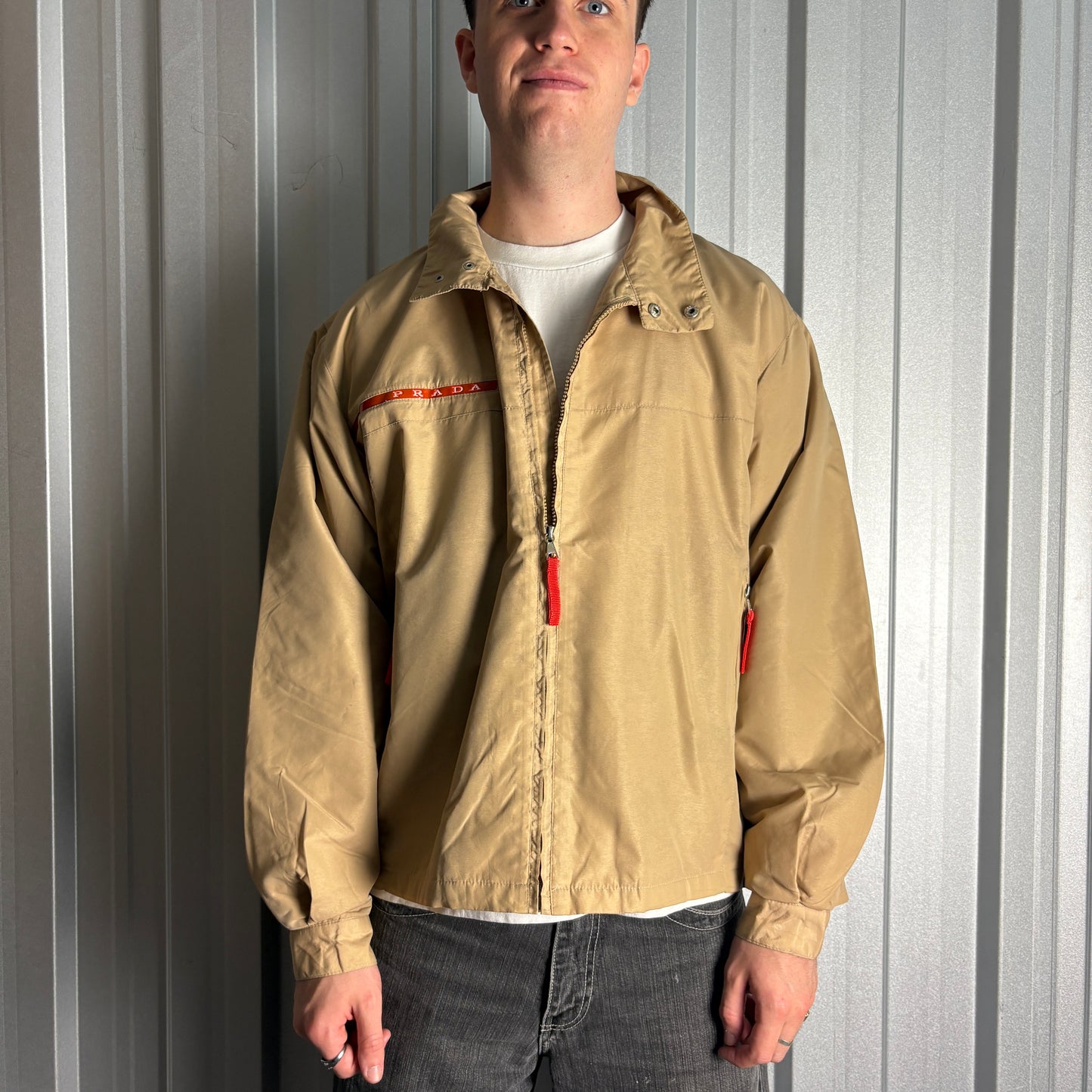 Vintage Prada Brown Cream 00s Funnel Neck Harrington Jacket - XL