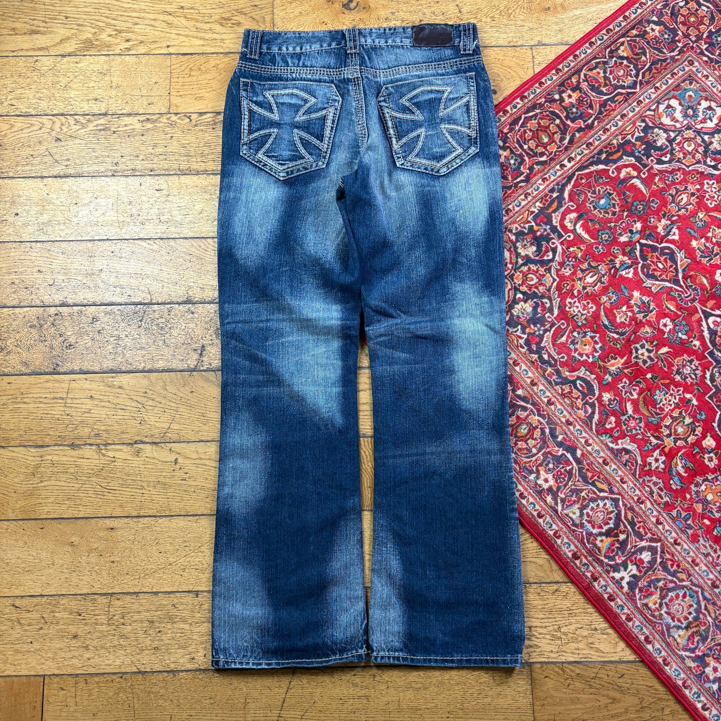 Vintage Blue Bootcut Embroidered Y2K Hip Hop Baggy Jeans - 36