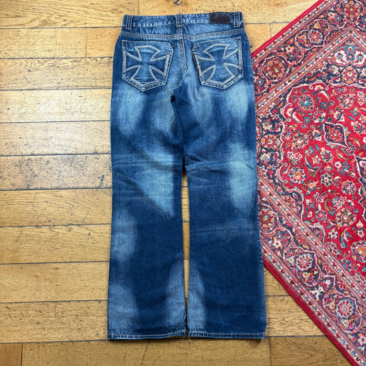 Vintage Blue Bootcut Embroidered Y2K Hip Hop Baggy Jeans - 36