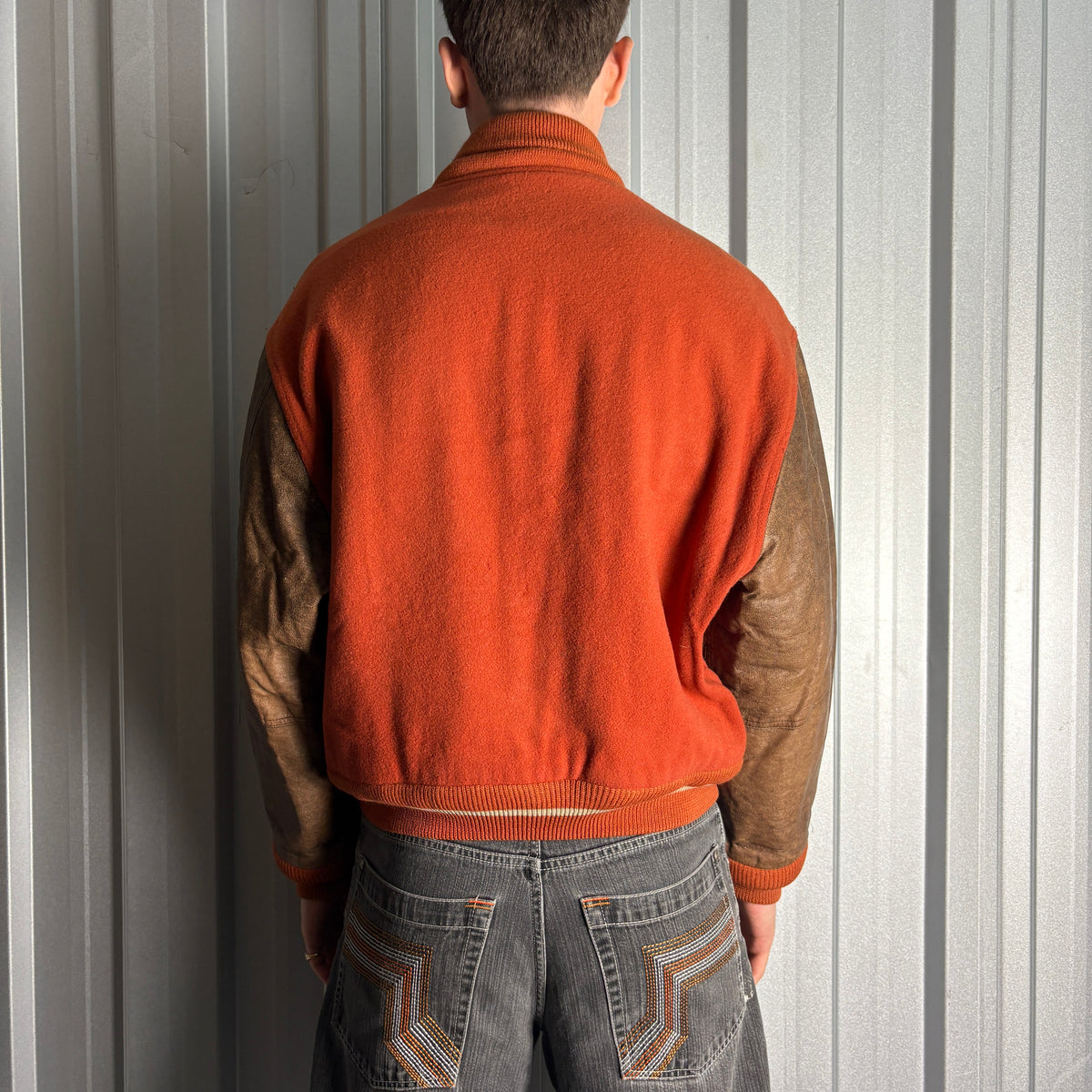 Vintage Converse 90s Orange Brown Wool Leather Varsity Boxy Letterman Jacket - L