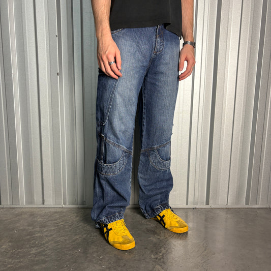 Park Flash Blue Embroidered Japanese Denim Hip Hop Y2K Baggy Jeans - 32R