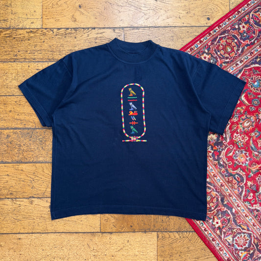Vintage Embroidered Navy Hieroglyphics Egyptian Boxy Graphic T-Shirt - M