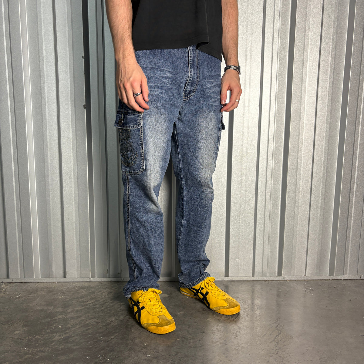Embroidered Blue Cargo Japanese Denim Hip Hop Y2K Baggy Jeans - 36S
