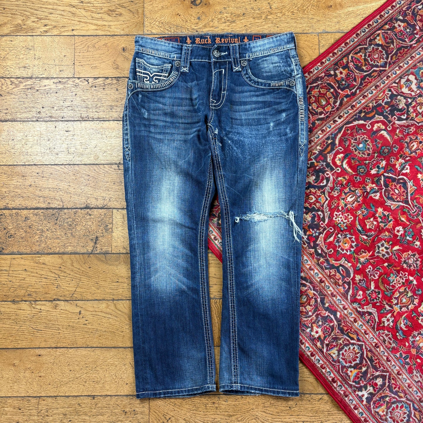 Vintage Rock Revival Blue Embroidered Y2K Hip Hop Straight Jeans - 36