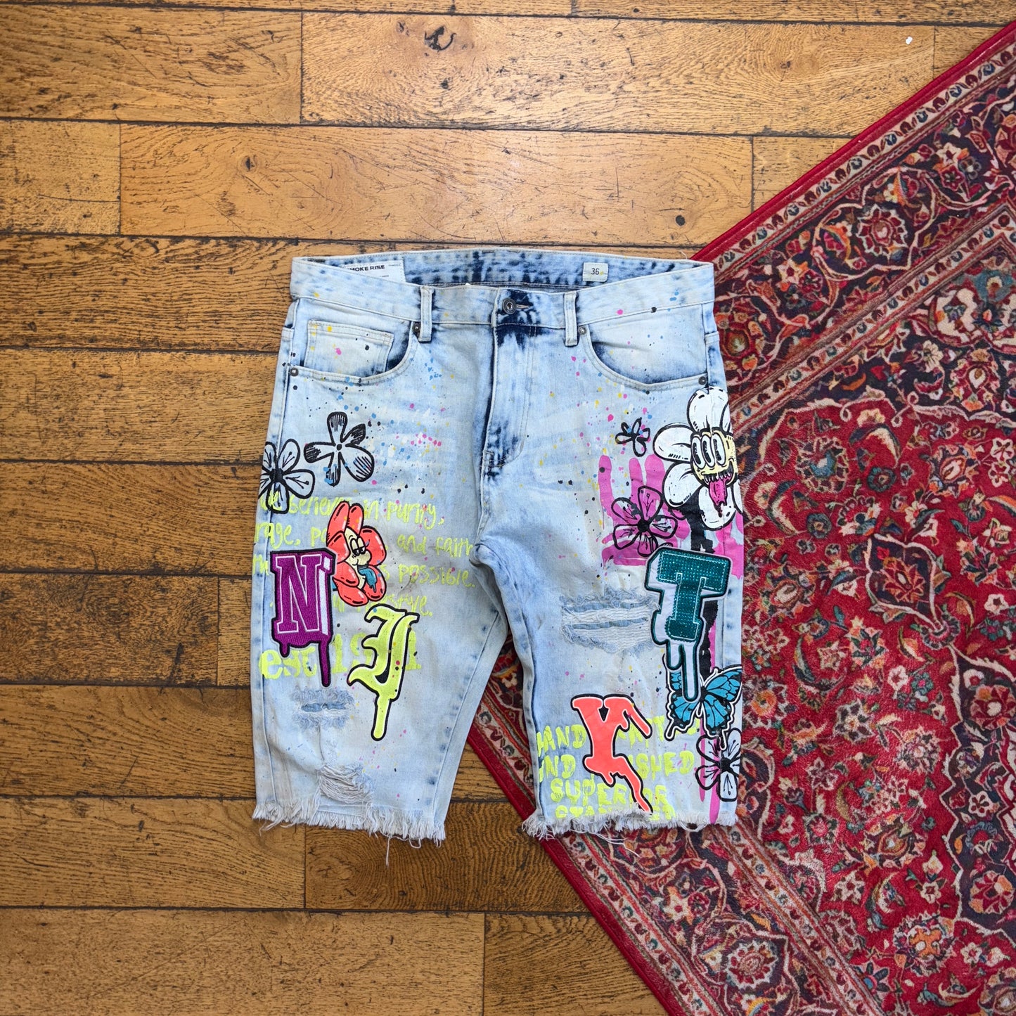 Vintage Blue Graffiti Denim slim Shorts - 38