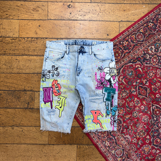 Vintage Blue Graffiti Denim slim Shorts - 38