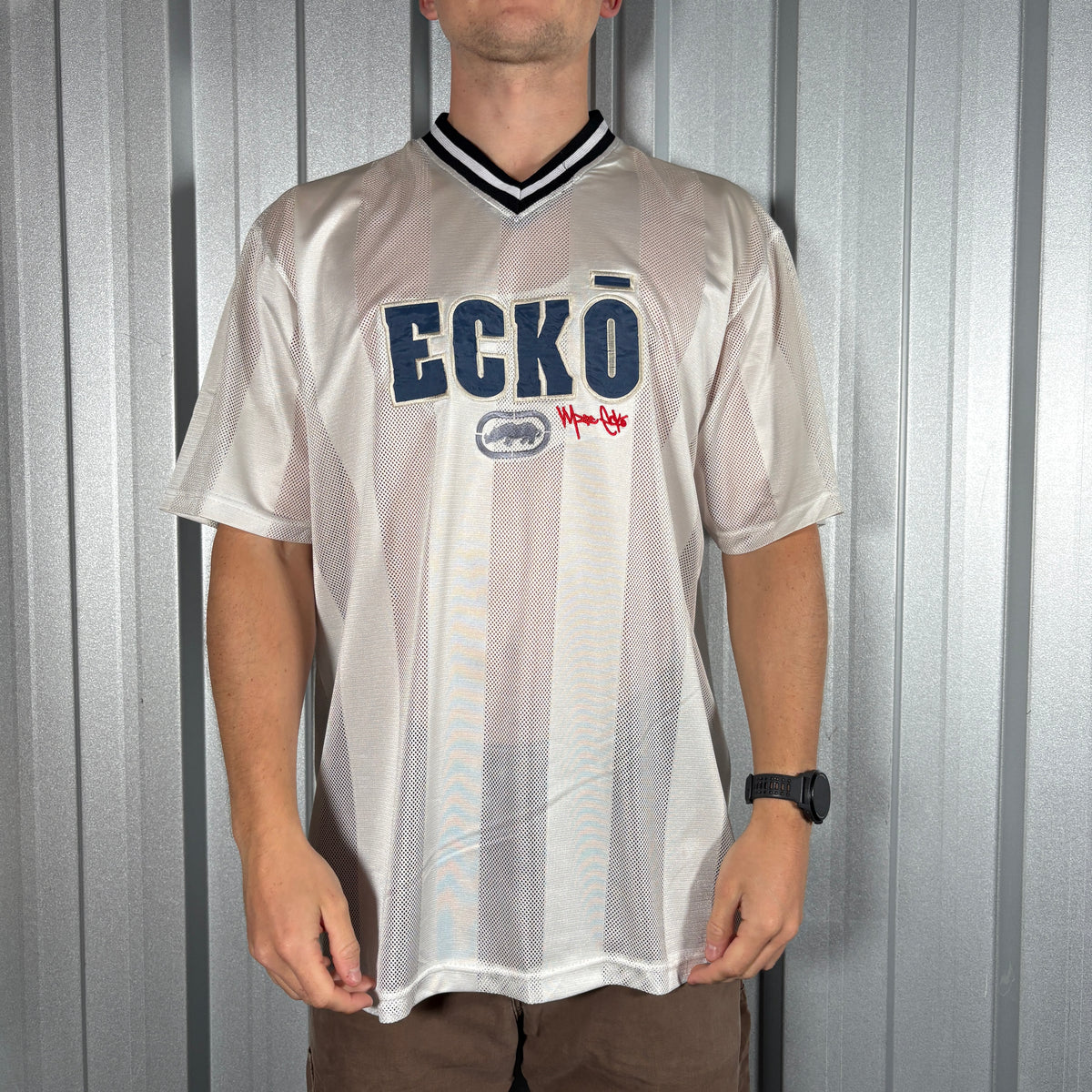 Ecko Unltd Mesh White Embroidered Hip Hop y2K Jersey T Shirt - L