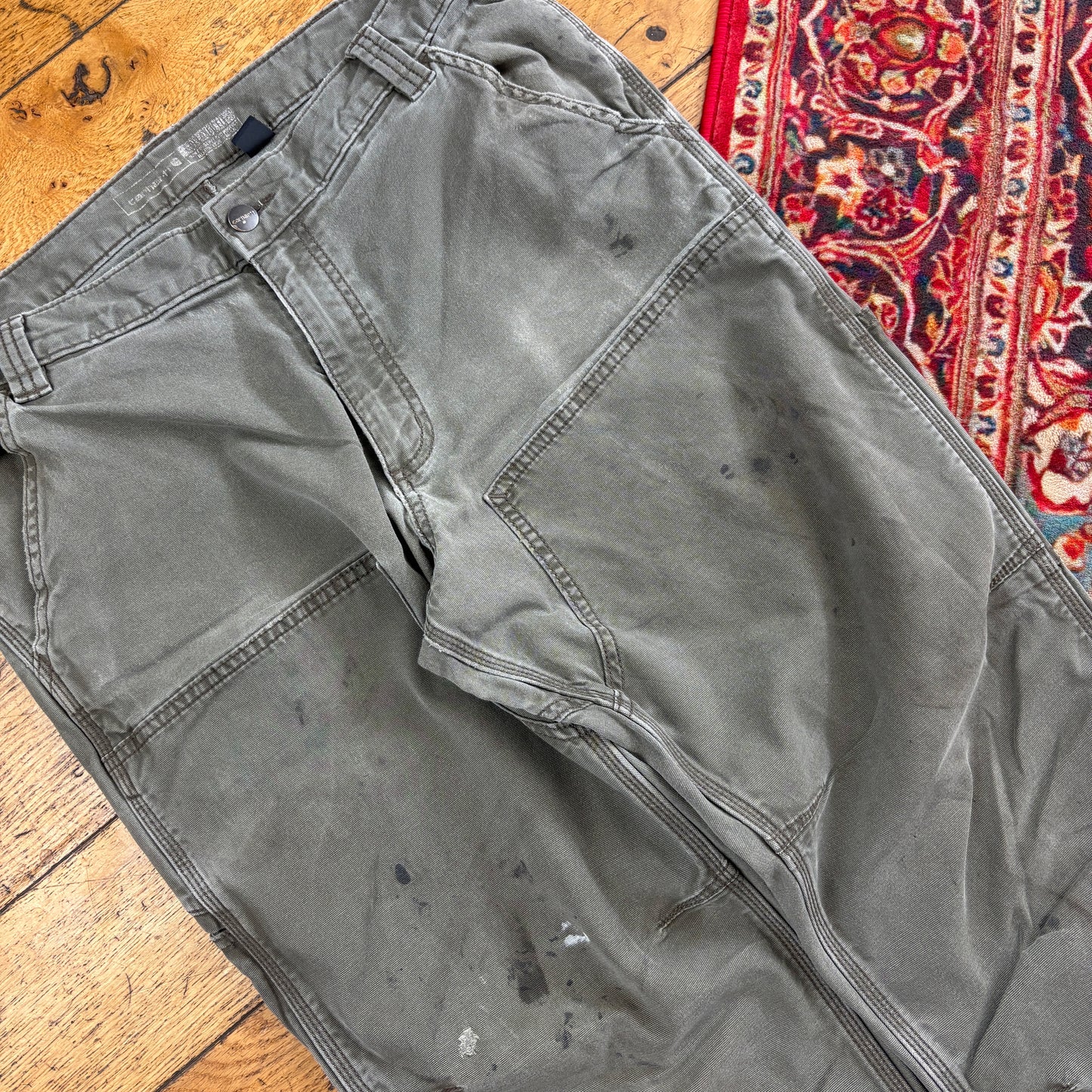 Vintage Carhartt Grey Green Double Knee Workwear Carpenter Trousers - 36