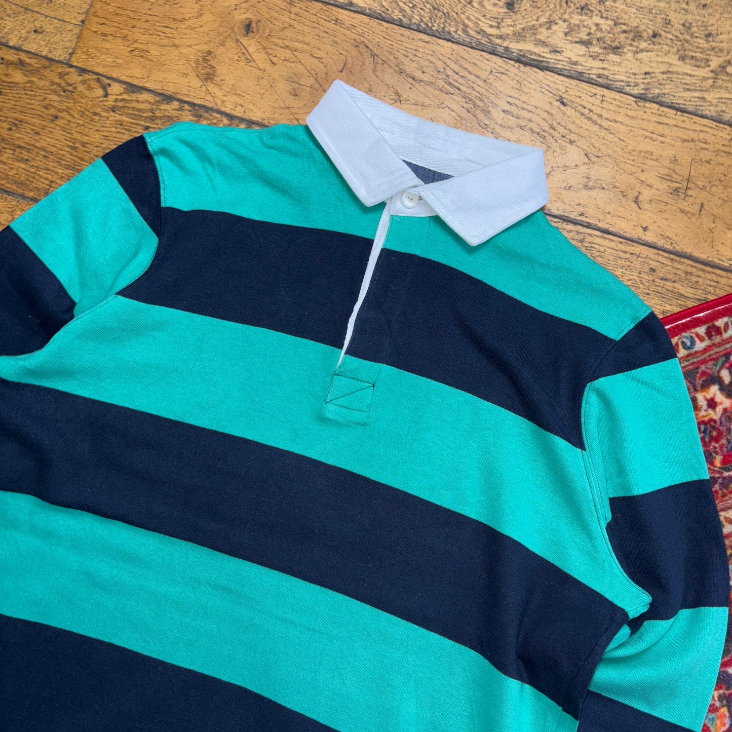 Vintage Cotton Traders Green Navy Stripe Rugby Polo Shirt - M