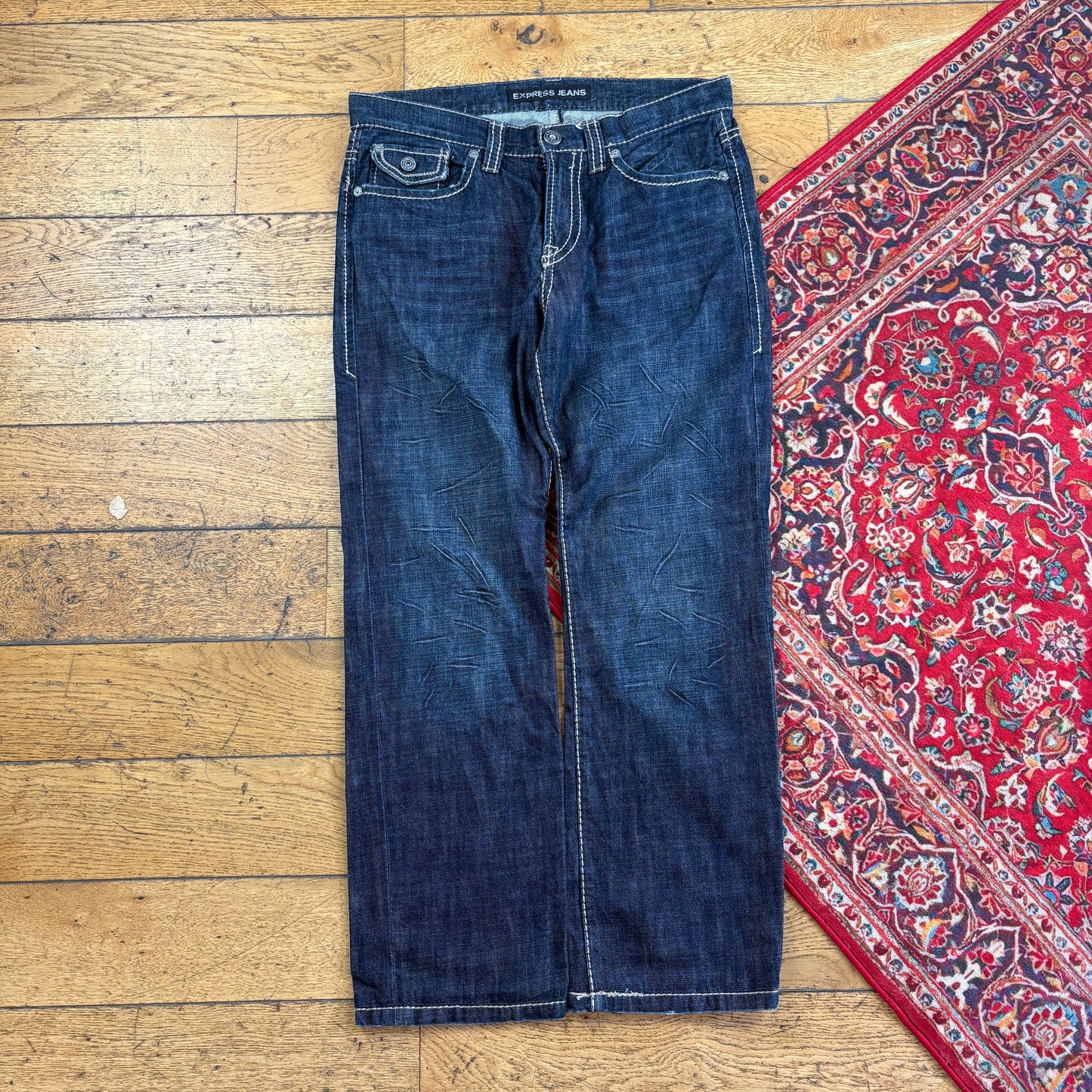 Vintage Express Navy Embroidered Y2K Hip Hop Baggy Jeans - 36