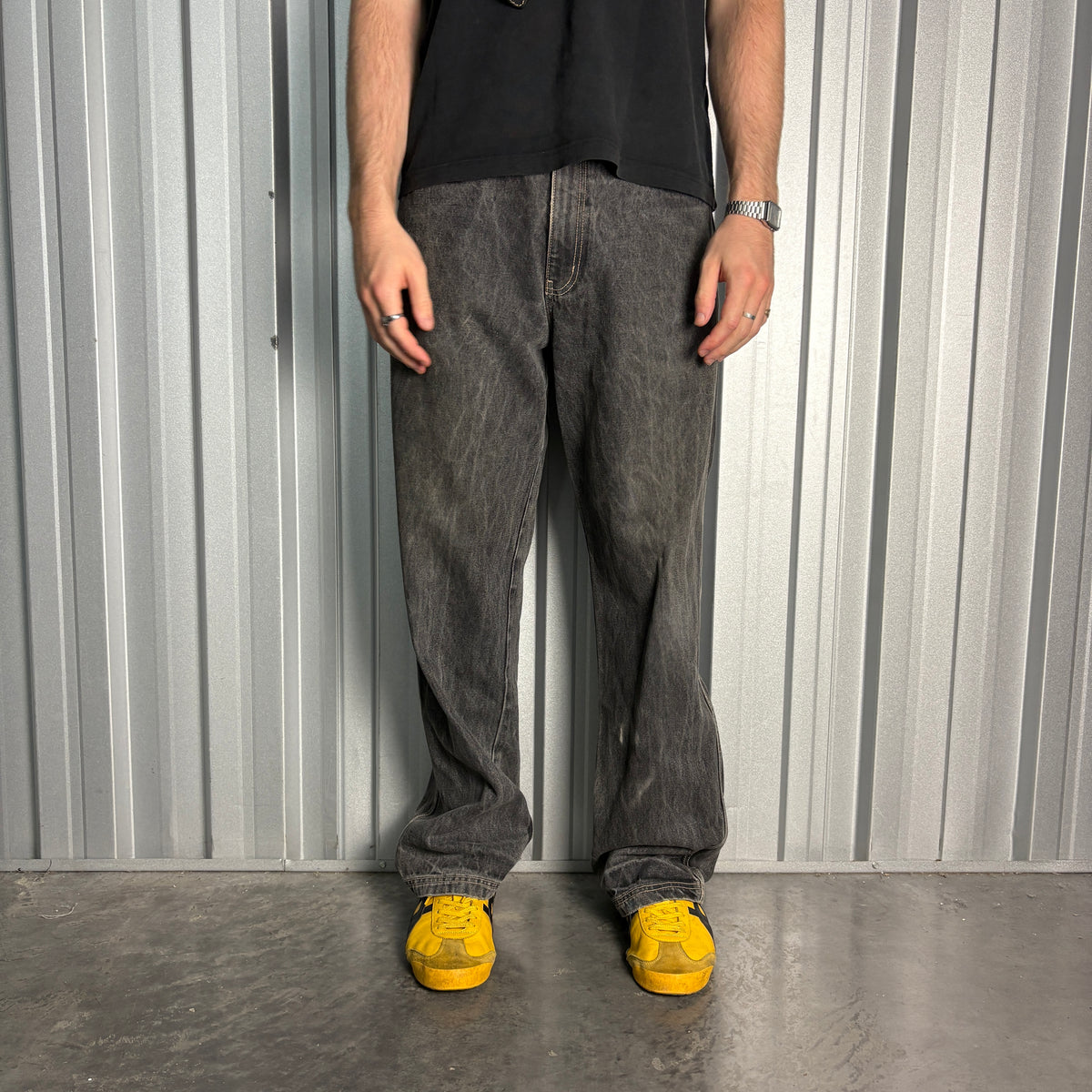 Rocawear Washed Black Embroidered Japanese Denim Hip Hop Y2K Baggy Jeans - 34L